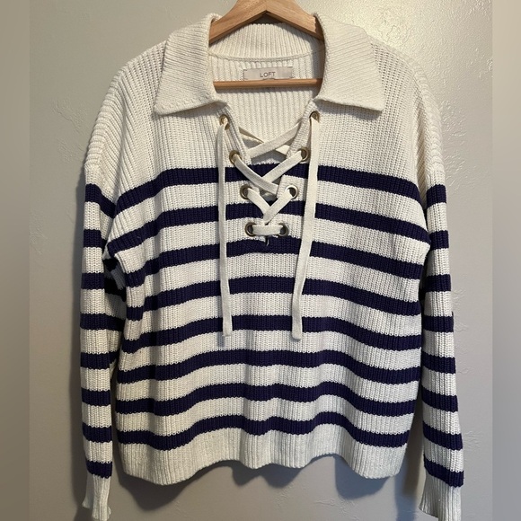 LOFT Women's Striped Sweater - Navy and White - Picture 3 of 10